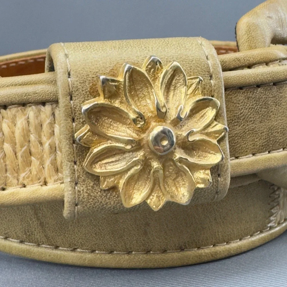 Vintage Alden Howard Tan Leather Woven Flower Buckle Belt‎ Made USA Size L